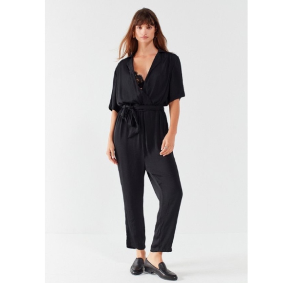 Urban Outfitters Black Satin Wrap Belted Jumpsuit - Picture 2 of 5